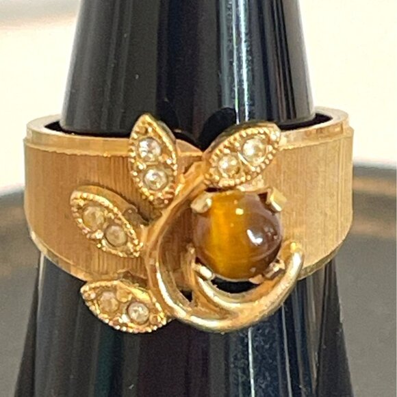 Tiger Eye18K Gold Plated Ring Ribbed Band Stone Crystal Accents Sz 6.75 Vintage - Picture 1 of 8
